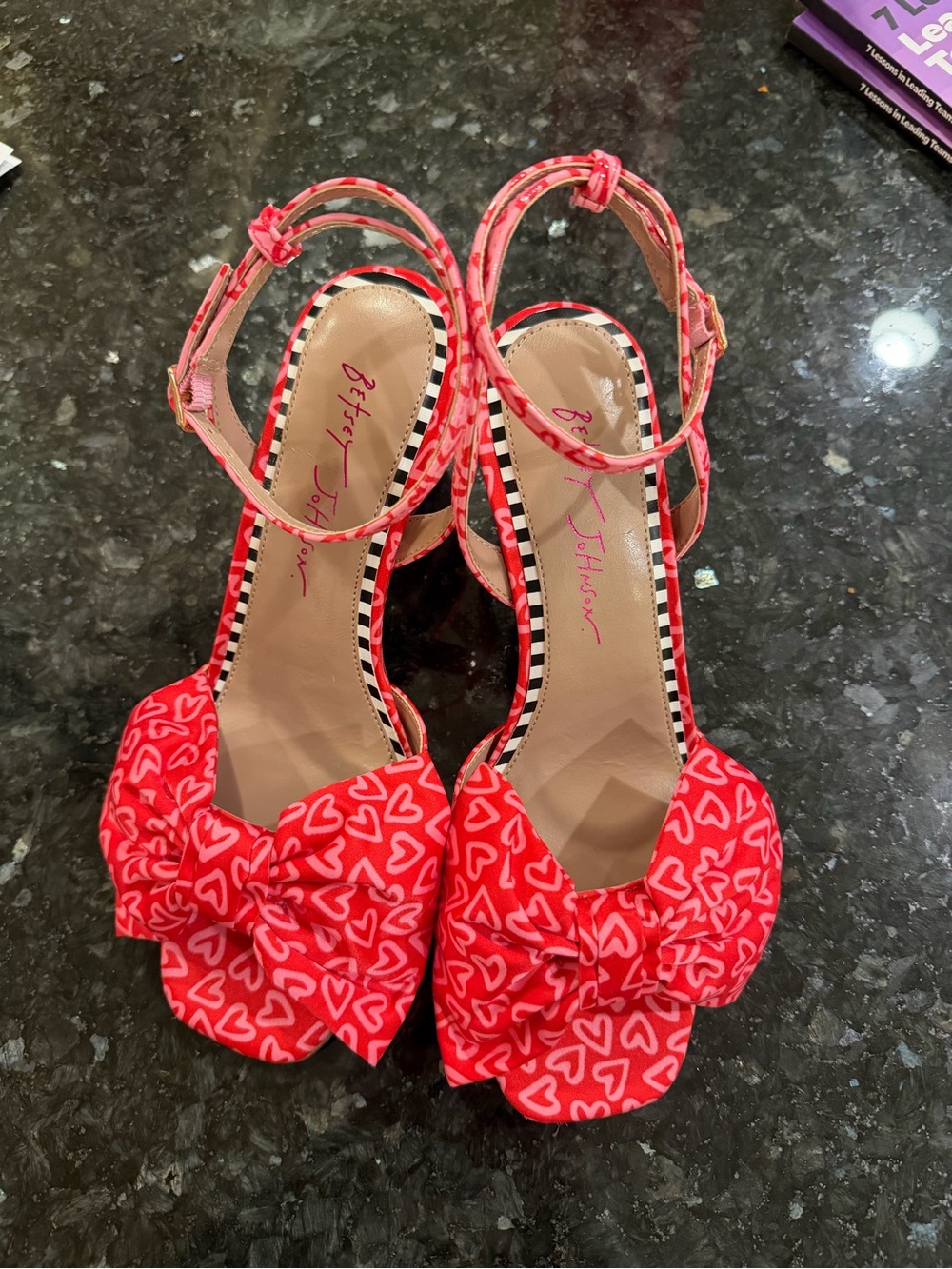 Betsey Johnson Red Heart Ankle Strap Sandal with Pink Heart Heel. NEW!